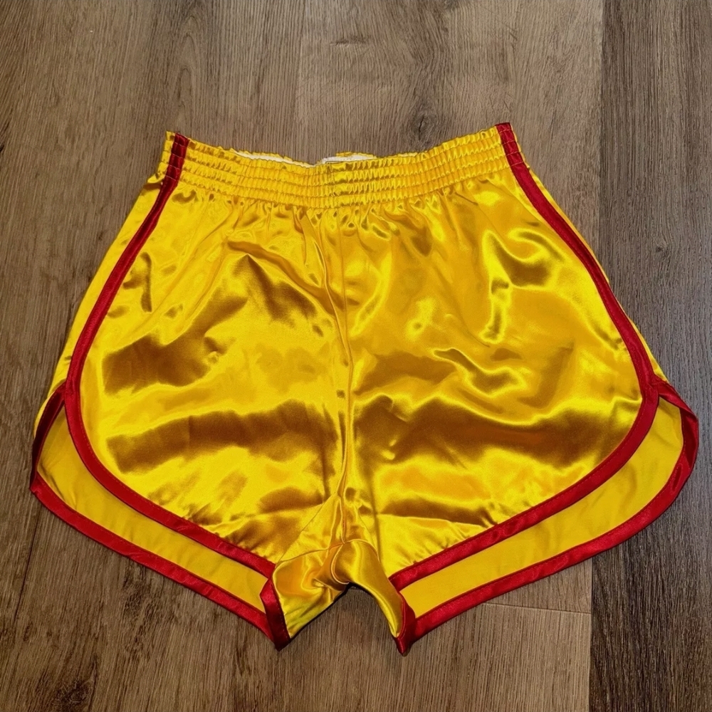 Yellow Satin Athletic Shorts with Red Trim